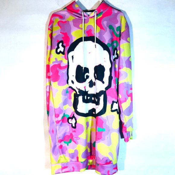Pink Camouflage Skull Hoodie Long Mini Dress Size Extra Large Sweatshirt Skate - Picture 4 of 13